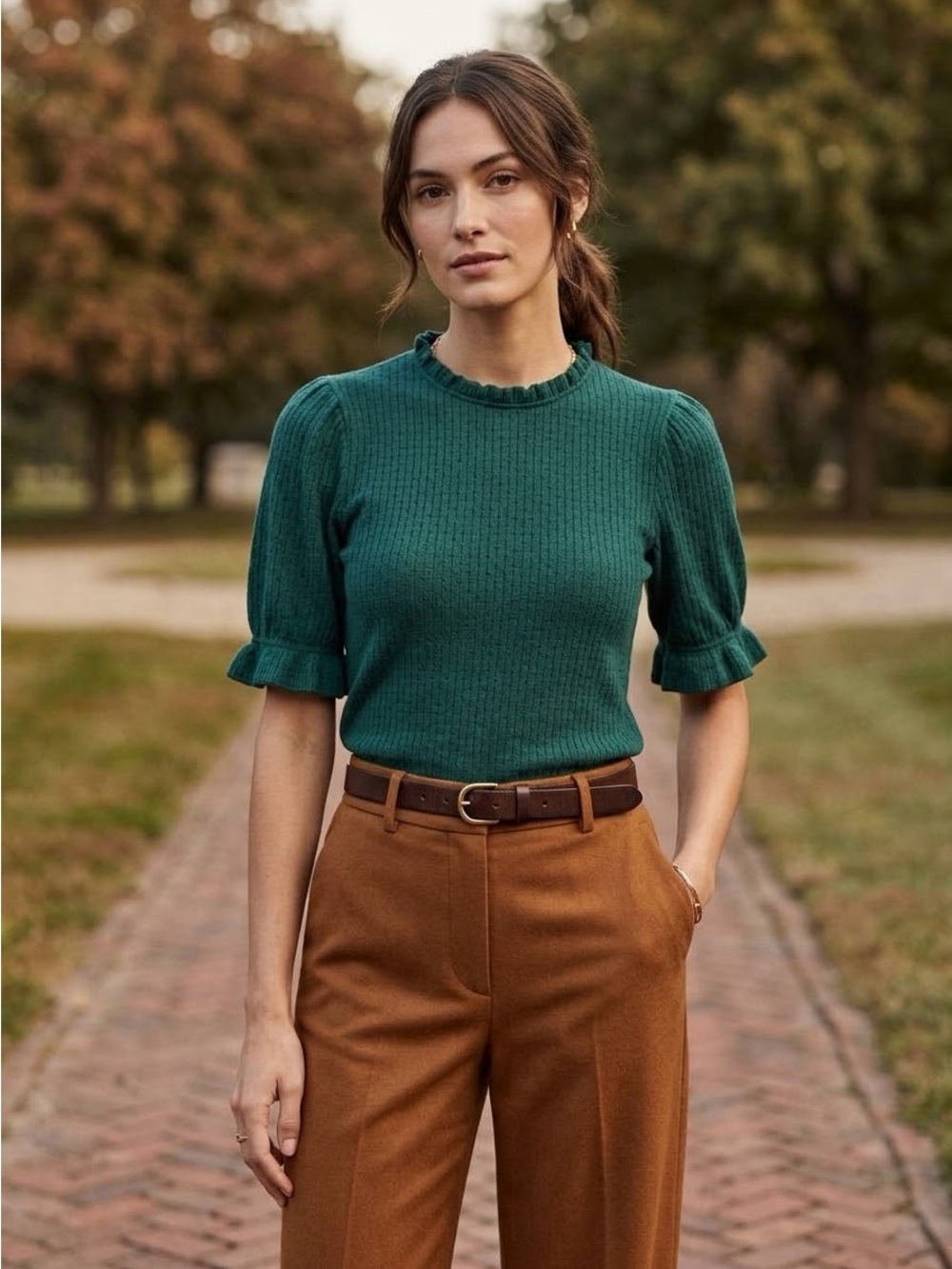 J.Crew teal/Evergreen pointelle ruffle trim sweater *shop@ianwarrior